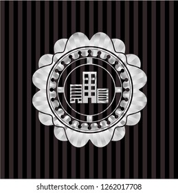 buildings icon inside silvery shiny badge