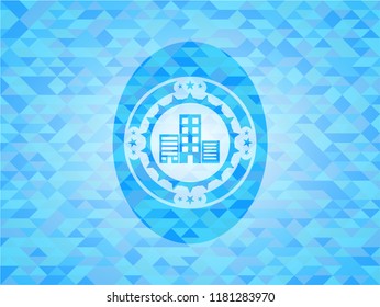 buildings icon inside sky blue emblem. Mosaic background