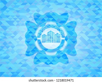 buildings icon inside sky blue emblem. Mosaic background