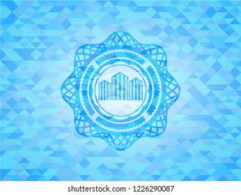 buildings icon inside sky blue emblem with mosaic background