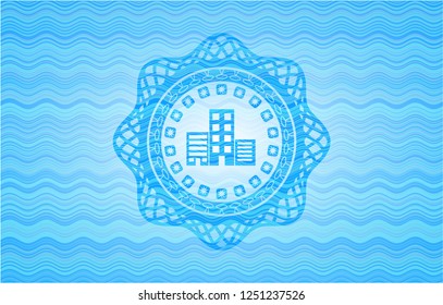 buildings icon inside sky blue water wave emblem.