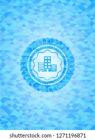 buildings icon inside sky blue mosaic emblem