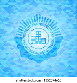 buildings icon inside sky blue emblem with triangle mosaic background