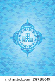 buildings icon inside sky blue emblem with mosaic ecological style background
