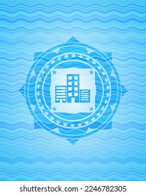 buildings icon inside sky blue water wave style emblem. 