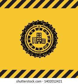 buildings icon inside warning sign, black grunge emblem. Vector Illustration. Detailed.