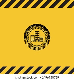 buildings icon inside warning sign, black grunge emblem. Vector Illustration. Detailed.