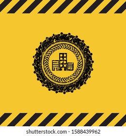 buildings icon inside warning sign, black grunge emblem. Vector Illustration. Detailed.