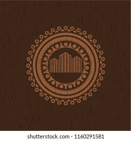 buildings icon inside wood emblem. Retro