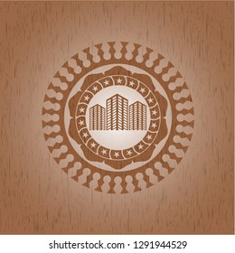 buildings icon inside wooden emblem. Vintage.