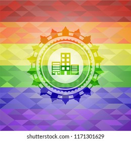 buildings icon on mosaic background with the colors of the LGBT flag