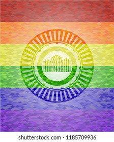 buildings icon on mosaic background with the colors of the LGBT flag