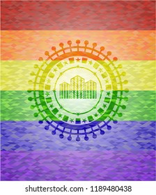 buildings icon on mosaic background with the colors of the LGBT flag
