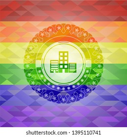 buildings icon on mosaic background with the colors of the LGBT flag