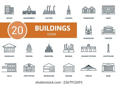Buildings icon outline set. Line Buildings icon collection. Office, Government, Factory, Church, Townhouse, Post Office, Warehouse, Garage, Circus, Bank icon