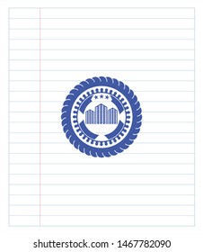 buildings icon pen draw. Blue ink. Vector Illustration. Detailed.