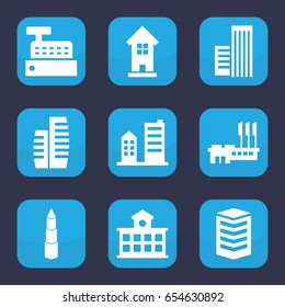 Buildings icon. set of 9 filled buildings icons such as