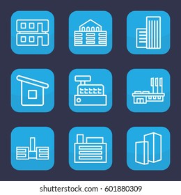 buildings icon. Set of 9 outline buildings icons such as house builidng, builidng