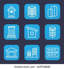 Buildings icon. set of 9 outline buildings icons such as building, house builidng