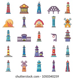Buildings icon set. Cartoon set of buildings vector icons for web design isolated on white background