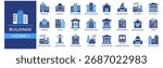 Buildings icon set. Containing design Hospital, School, Skyscraper, Office Building, House. Solid icon collection.