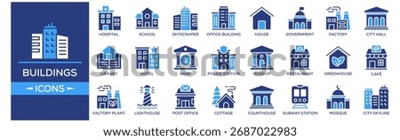 Buildings icon set. Containing design Hospital, School, Skyscraper, Office Building, House. Solid icon collection.