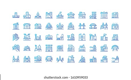 Buildings icon set design, City architecture urban modern downtown contemporary metropolis exterior and construction theme Vector illustration