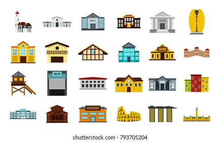 Buildings icon set. Flat set of buildings vector icons for web design isolated on white background