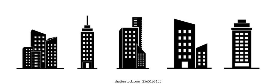 Buildings icon set isolated, Real Estate, School, House, Home, Apartment, Hospital, Hotel, Cityscape, Downtown, Museum, Mosque, Church, Pagoda. Architecture Buildings Icons Vector Illustration.