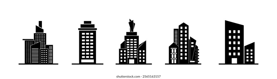 Buildings icon set isolated, Real Estate, School, House, Home, Apartment, Hospital, Hotel, Cityscape, Downtown, Museum, Mosque, Church, Pagoda. Architecture Buildings Icons Vector Illustration.