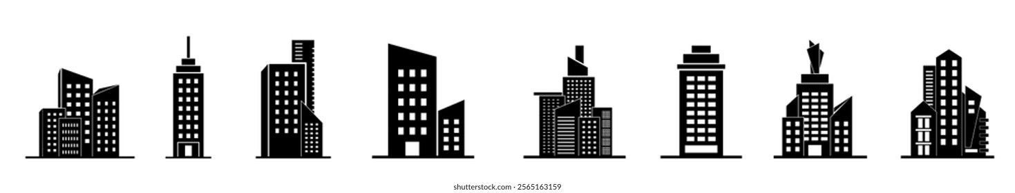 Buildings icon set isolated, Real Estate, School, House, Home, Apartment, Hospital, Hotel, Cityscape, Downtown, Museum, Mosque, Church, Pagoda. Architecture Buildings Icons Vector Illustration.