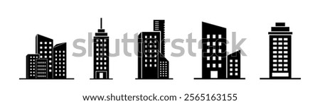 Buildings icon set isolated, Real Estate, School, House, Home, Apartment, Hospital, Hotel, Cityscape, Downtown, Museum, Mosque, Church, Pagoda. Architecture Buildings Icons Vector Illustration.