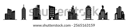 Buildings icon set isolated, Real Estate, School, House, Home, Apartment, Hospital, Hotel, Cityscape, Downtown, Museum, Mosque, Church, Pagoda. Architecture Buildings Icons Vector Illustration.
