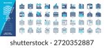 Buildings icon set. Mall, Slum, Government Agency, Office, Hotel, Airport, School, Factory. Duotone color solid and editable outline icons