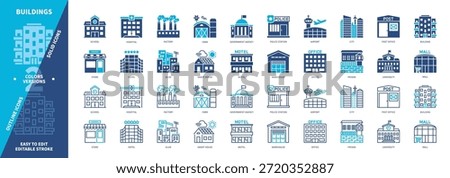 Buildings icon set. Mall, Slum, Government Agency, Office, Hotel, Airport, School, Factory. Duotone color solid and editable outline icons