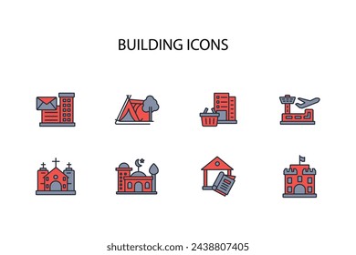 Conjunto de iconos de edificios.vector.Trazo editable.signo de estilo lineal para el uso de diseño web,logo.Ilustración de símbolo.