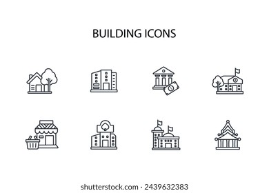 Conjunto de iconos de edificios.vector.Trazo editable.signo de estilo lineal para el uso de diseño web,logo.Ilustración de símbolo.