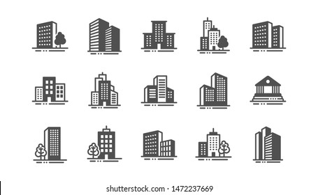 Buildings icons. Bank, Hotel, Courthouse. City, Real estate, Architecture buildings icons. Hospital, town house, museum. Urban architecture, city skyscraper. Classic set. Quality set. Vector