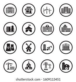 Buildings Icons. Black Flat Design In Circle. Vector Illustration.