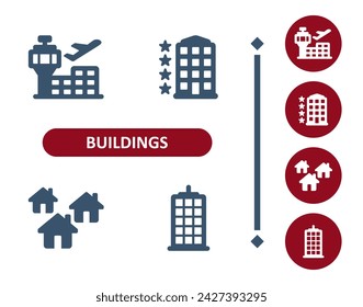 Buildings icons. Building, airport, control tower, hotel, house, city, skyscraper, office building icon. Professional, 32x32 pixel perfect vector icon.