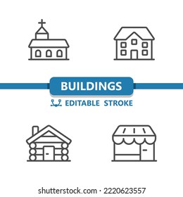 Buildings Icons. Church, House, Cabin, Shop, Store Icon. Professional, 32x32 pixel perfect vector icon. Editable Stroke