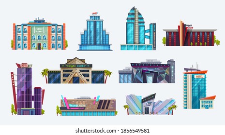 Buildings icons, city hotel and night club, vector urban architecture houses, flat isolated icons set. Modern buildings of hotel and night club or disco entertainment, facade exterior design