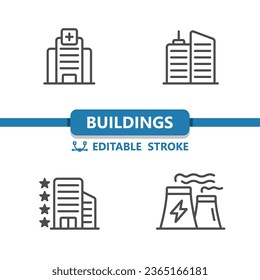 Buildings Icons. Hospital, Apartment Building, Hotel, Power Plant Icon. Professional, 32x32 pixel perfect vector icon. Editable Stroke