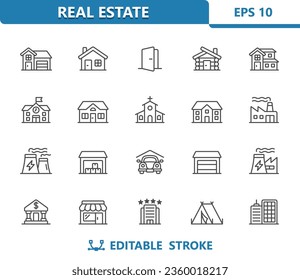 Buildings Icons. House, Home, Cabin, Factory, Garage, Warehouse, Shop, Hotel. Professional, 32x32 pixel perfect vector icon. Editable Stroke