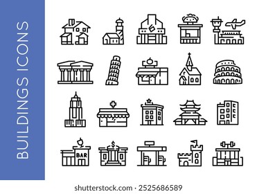 Symbole für Gebäude. Große Menge von 20 trendigen minimalen Gebäude Symbole. Perfekt für Architektur, Stadtplanung und Immobilien. Umfasst Wohn-, Geschäfts- und Kulturgebäude. Vektorgrafik