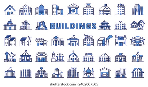 Buildings icons line design blue. House, city, architecture, cityscape, office, bank, hospital, store, factory, home vector illustrations. Buildings editable stroke icons.