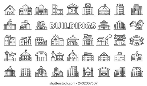 Buildings icons line design. House, city, architecture, cityscape, office, bank, hospital, store, factory, home vector illustrations. Buildings editable stroke icons.