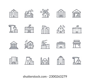 Buildings icons outline set. Urban architecture and infrastructure. Construction and engineering. Graphic elements for website. Flat vector collection isolated on white background