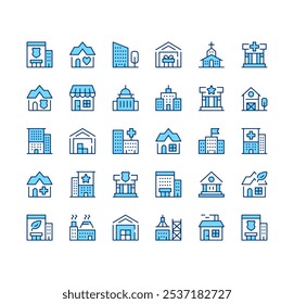 Buildings icons. Outline symbols. Vector blue line icons set