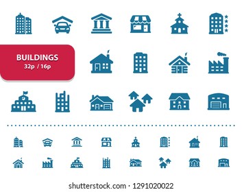 Buildings Icons. Professional, pixel perfect icons, EPS 10 format, optimized for 32p and 16p (2x magnification for preview).